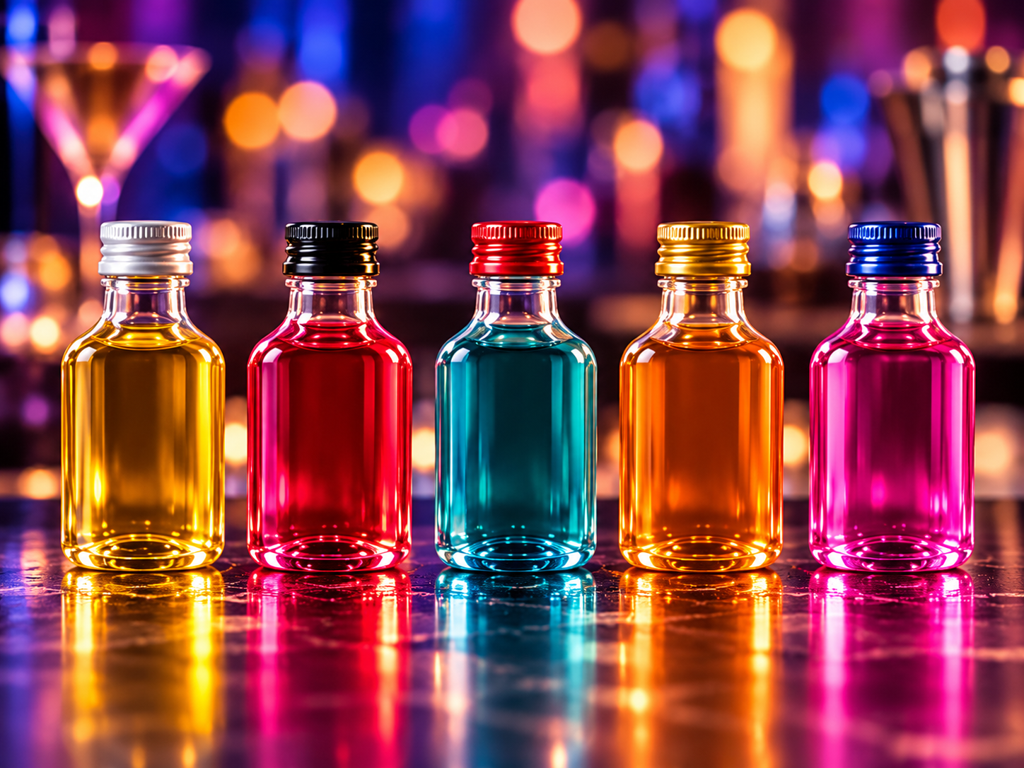 20ml PET shotflesjes gevuld in vijf kleuren